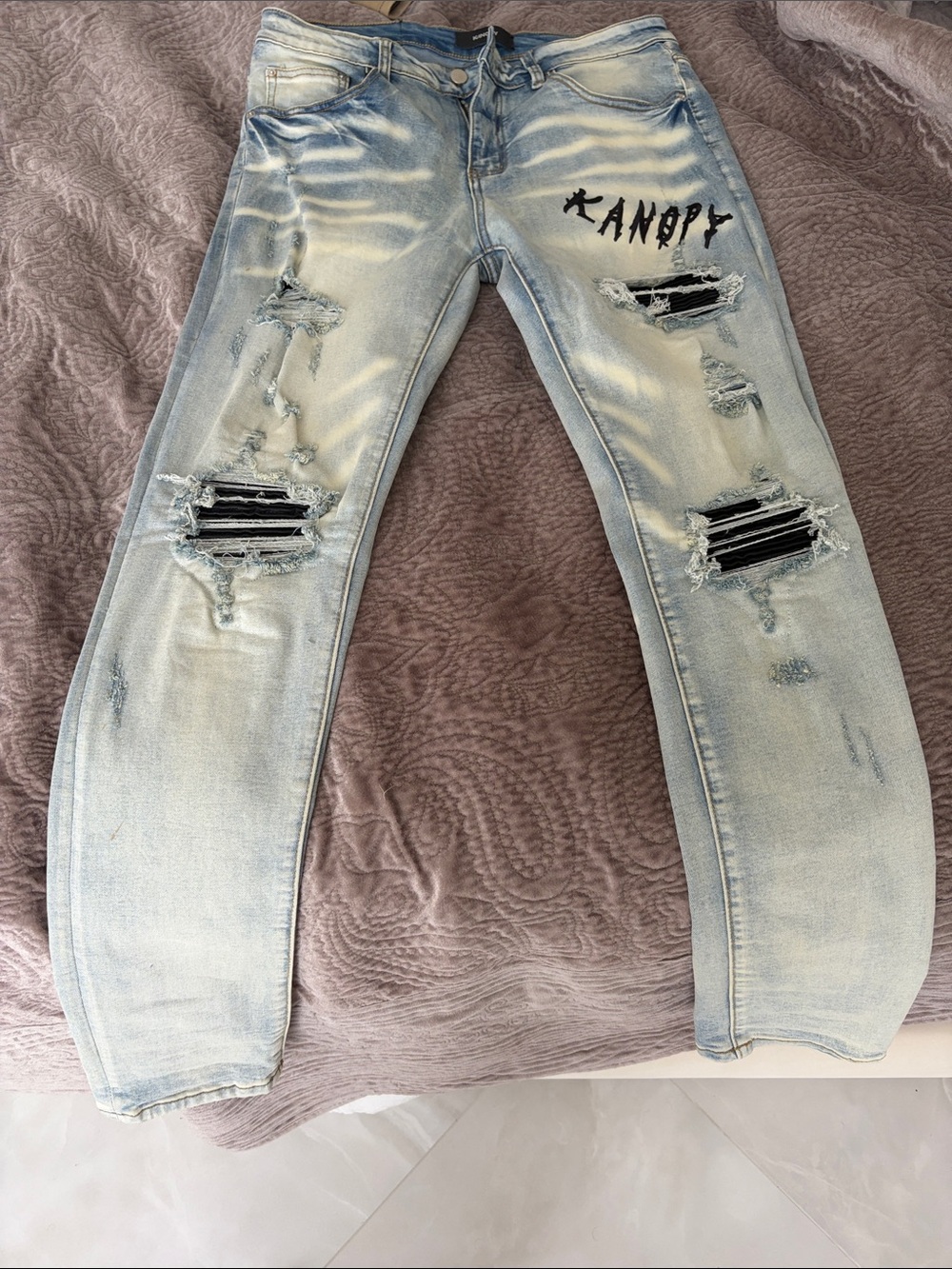 Canopy Light Blue Slim Straight Ripped Jeans for Men